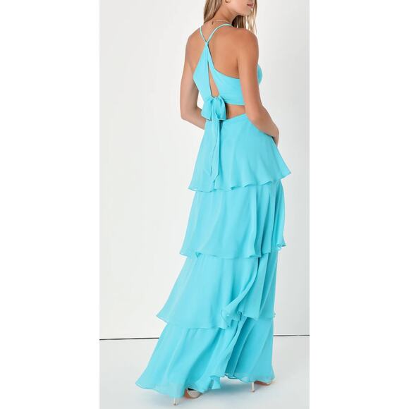 NWT Lulu’s Tier and Now Blue Tie-Back Tiered Maxi Dress Size XXS Side Cut Out - Picture 2 of 10